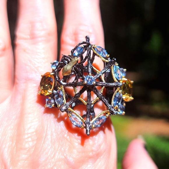 Topaz & Citrine sterling & gold Rhodium 🕷 spider on 🕸 web cocktail ring sz8.5